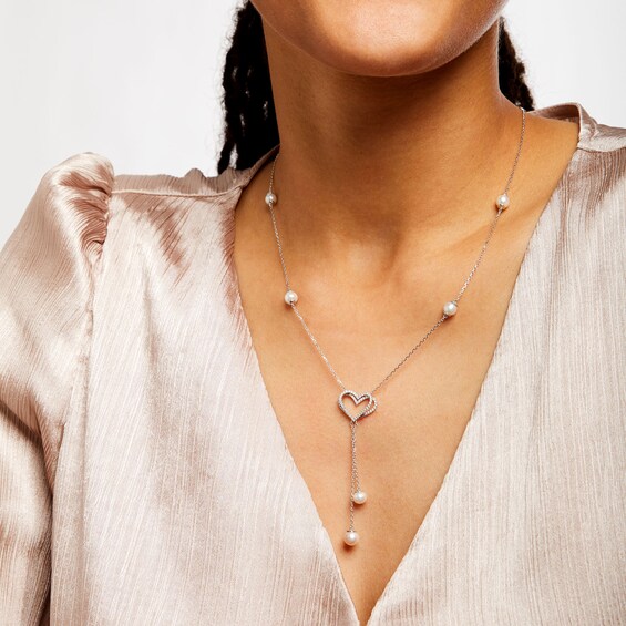 The Kindred Heart from Vera Wang Love Collection Cultured Freshwater Pearl and Diamond Drop Necklace in Sterling Silver