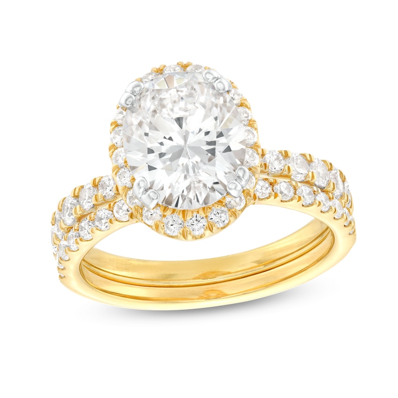 Main Image 1 of 2-7/8 CT. T.W. Certified Oval Lab-Grown Diamond Frame Bridal Set in 14K Gold (I/SI2)