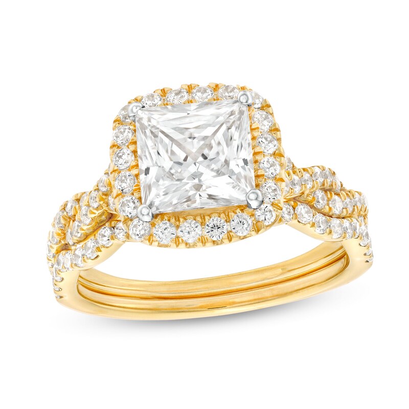 2-5/8 CT. T.W. Certified Princess-Cut Lab-Created Diamond Cushion Frame Twist Shank Bridal Set in 14K Gold (I/SI2)