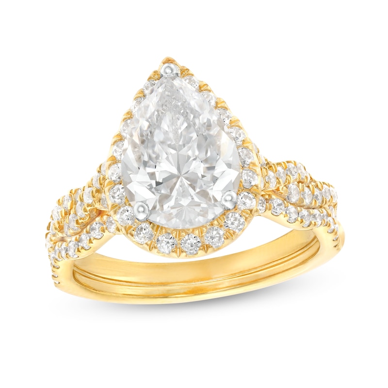 Main Image 1 of 2-5/8 CT. T.W. Certified Pear-Shaped Lab-Created Diamond Frame Twist Shank Bridal Set in 14K Gold (I/SI2)