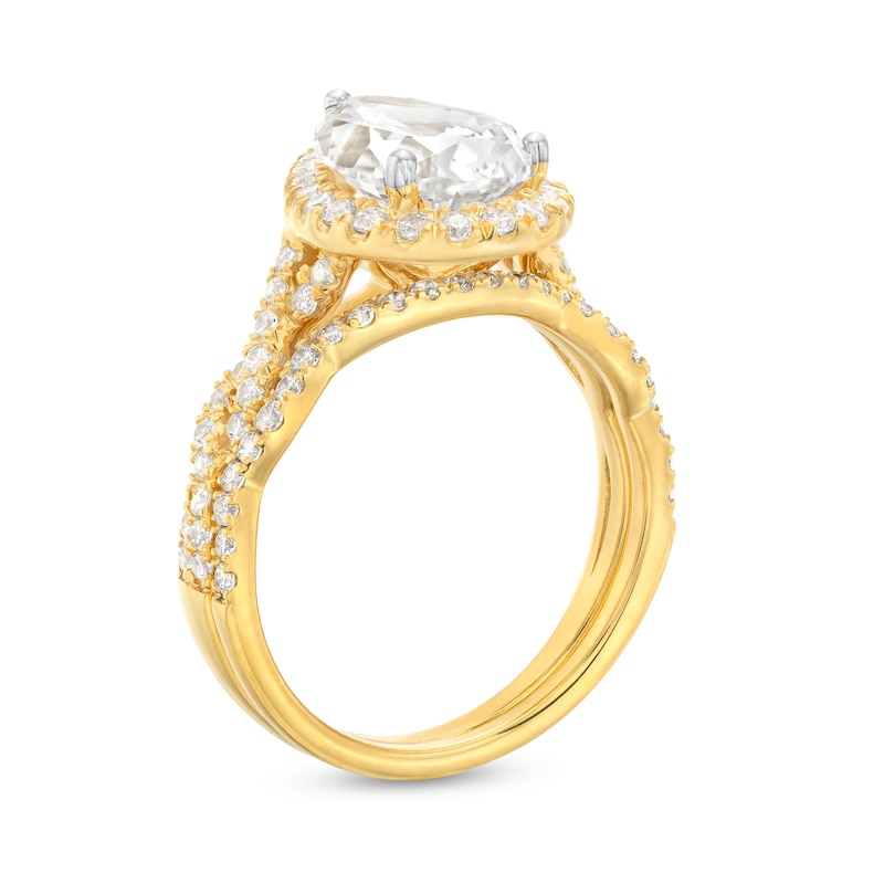 Main Image 3 of 2-5/8 CT. T.W. Certified Pear-Shaped Lab-Created Diamond Frame Twist Shank Bridal Set in 14K Gold (I/SI2)