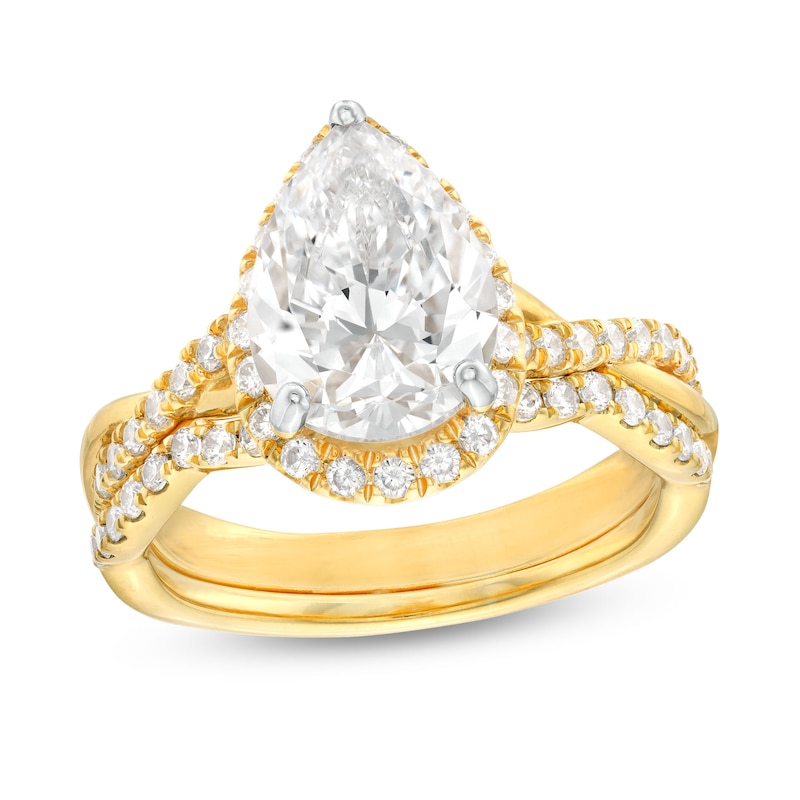 Main Image 1 of 2-1/2 CT. T.W. Certified Pear-Shaped Lab-Created Diamond Frame Crossover Split Shank Bridal Set in 14K Gold (I/SI2)