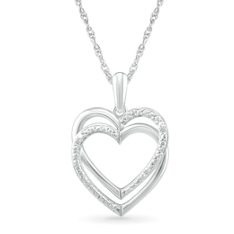 Diamond Accent Beaded Layered Interlocking Hearts Drop Pendant in Sterling Silver