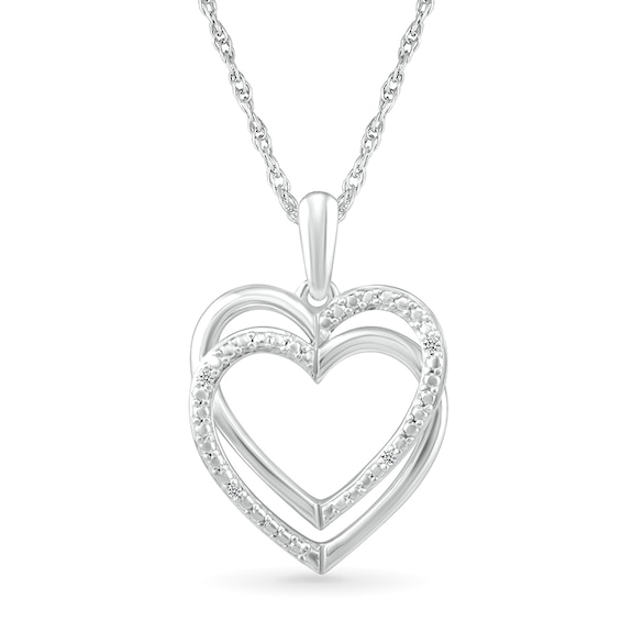 Diamond Accent Beaded Layered Interlocking Hearts Drop Pendant in Sterling Silver
