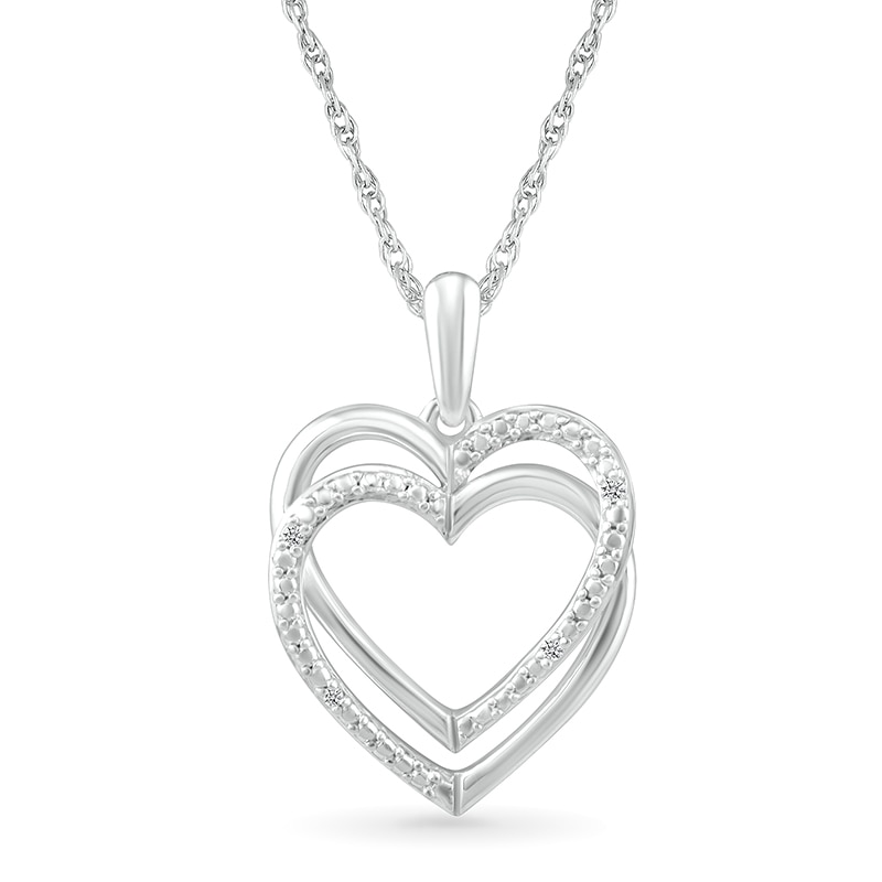 Main Image 1 of Diamond Accent Beaded Layered Interlocking Hearts Drop Pendant in Sterling Silver