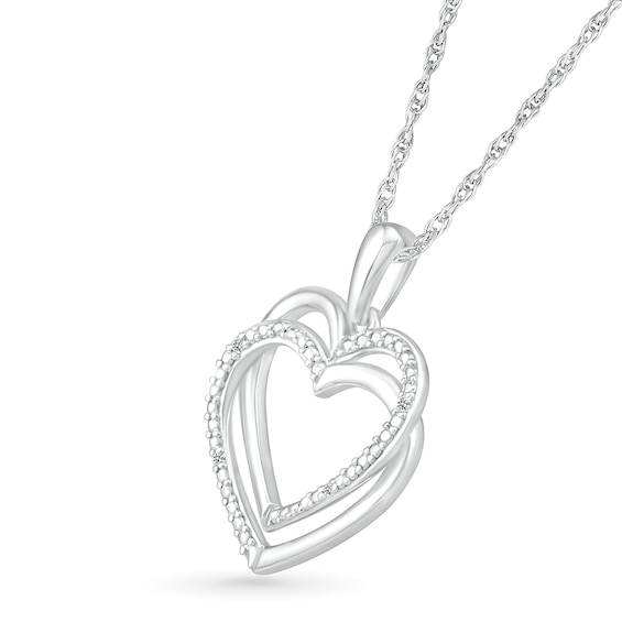 Diamond Accent Beaded Layered Interlocking Hearts Drop Pendant in Sterling Silver