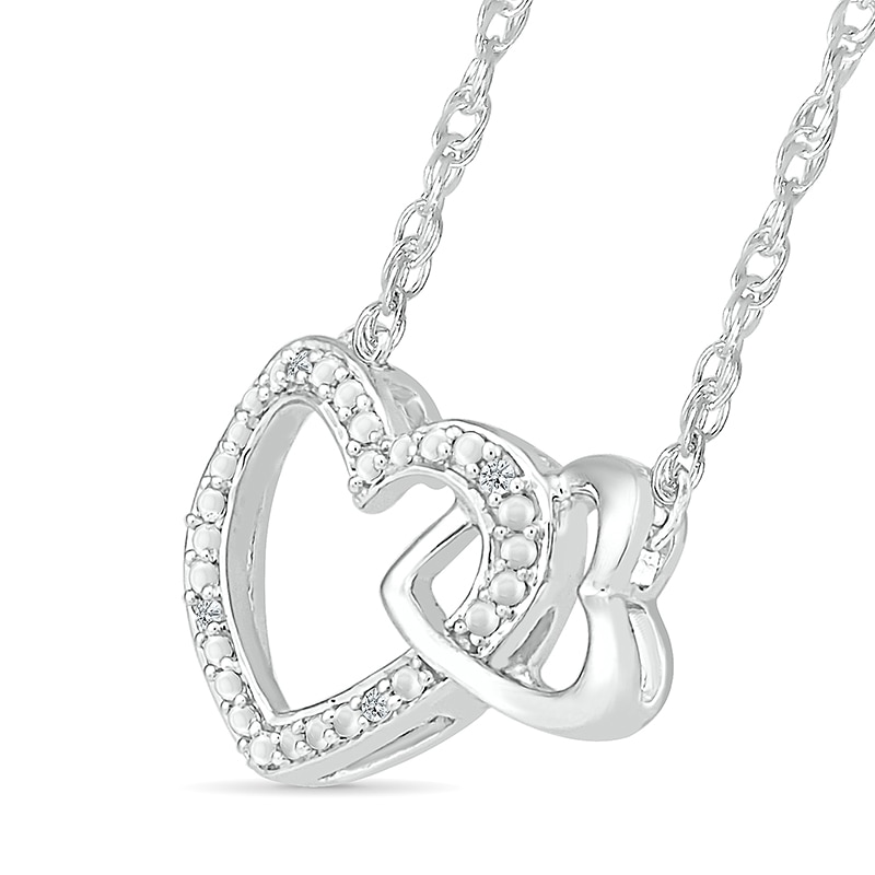 Main Image 2 of Diamond Accent Beaded Large and Small Interlocking Hearts Necklace in Sterling Silver - 17.5"
