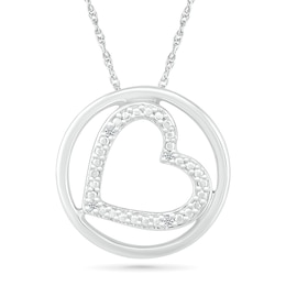 Diamond Accent Beaded Tilted Heart Outline in Circle Pendant in Sterling Silver