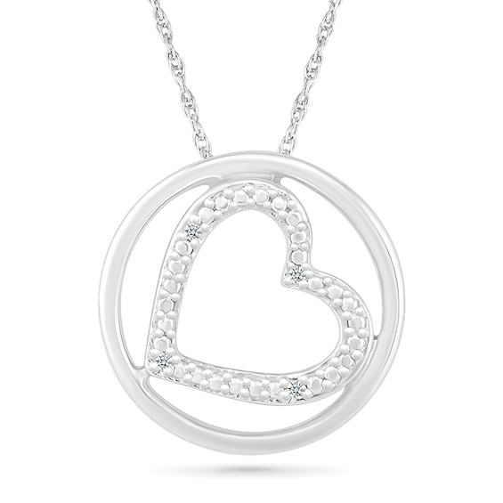 Diamond Accent Beaded Tilted Heart Outline in Circle Pendant in Sterling Silver