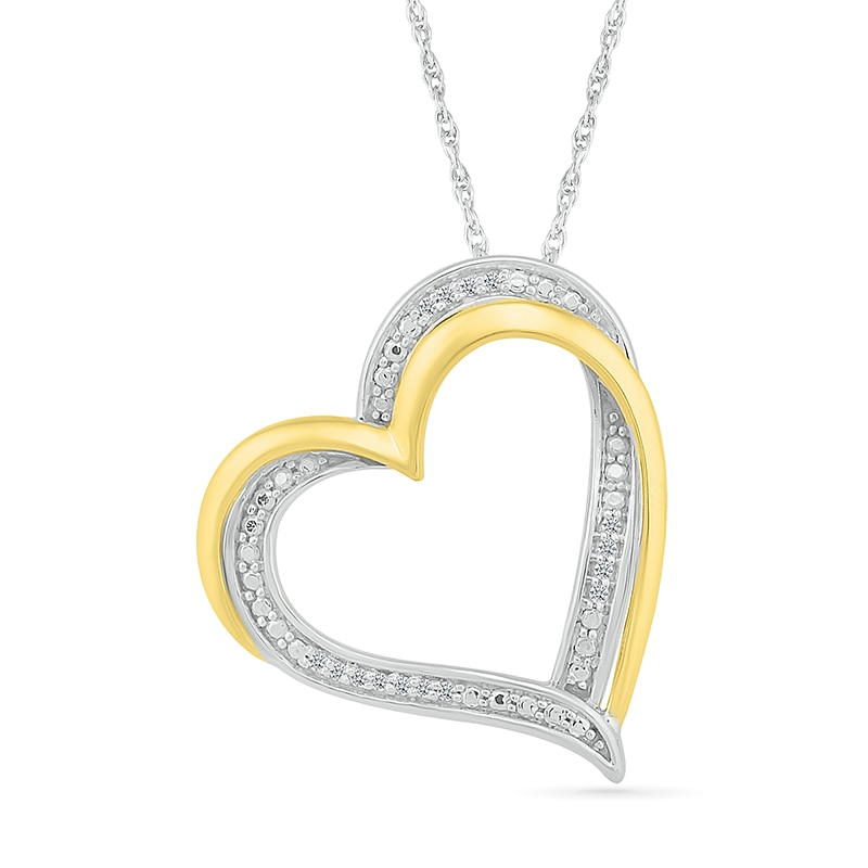 Main Image 1 of Diamond Accent Beaded Layered Double Tilted Heart Pendant in Sterling Silver and 14K Gold Plate