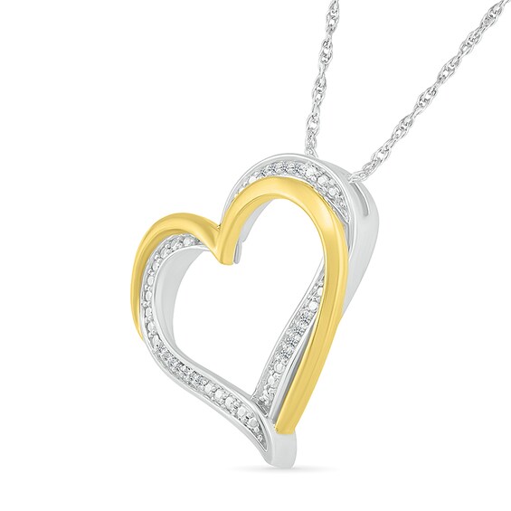 Diamond Accent Beaded Layered Double Tilted Heart Pendant in Sterling Silver and 14K Gold Plate