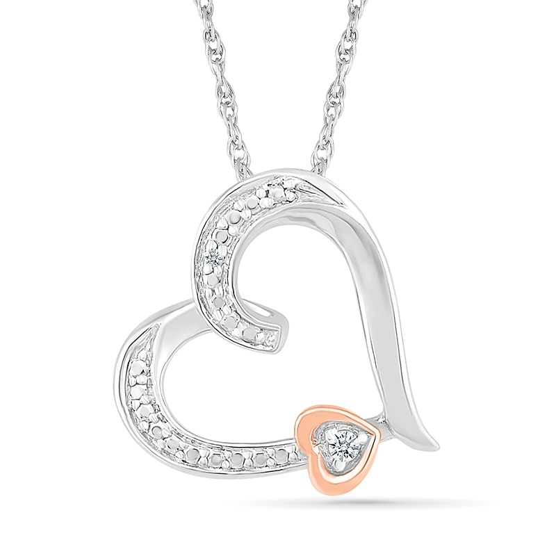Main Image 1 of Diamond Accent Beaded Offset Double Tilted Loop Heart Pendant in Sterling Silver and 14K Rose Gold Plate