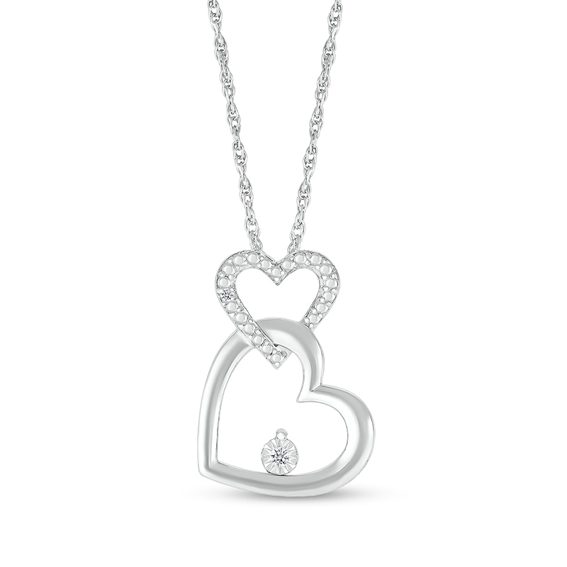 Main Image 1 of Diamond Accent Beaded Double Interlocking Tilted Heart Outline Pendant in Sterling Silver