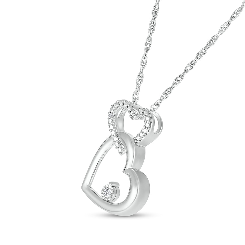 Main Image 2 of Diamond Accent Beaded Double Interlocking Tilted Heart Outline Pendant in Sterling Silver