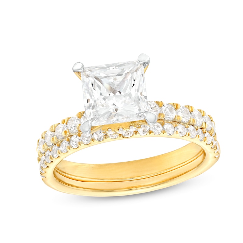 Main Image 1 of 2-7/8 CT. T.W. Certified Princess-Cut Lab-Grown Diamond Bridal Set in 14K Gold (I/SI2)