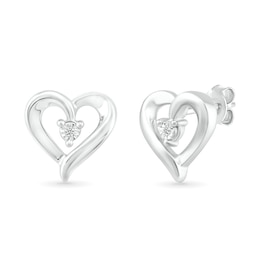 Diamond Accent Solitaire Ribbon Heart Stud Earrings in Sterling Silver