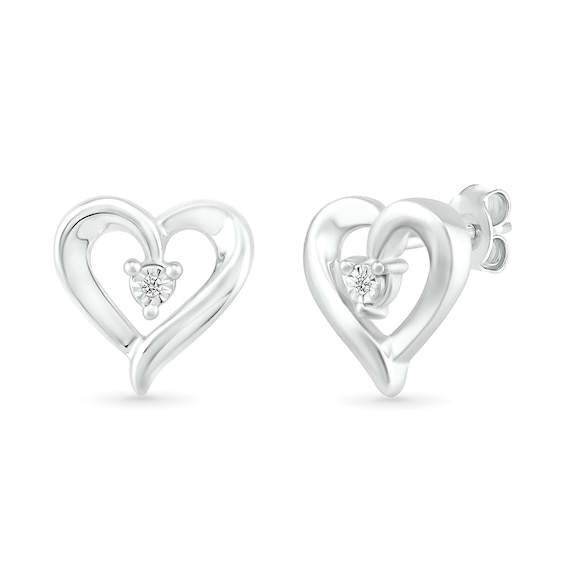 Diamond Accent Solitaire Ribbon Heart Stud Earrings in Sterling Silver