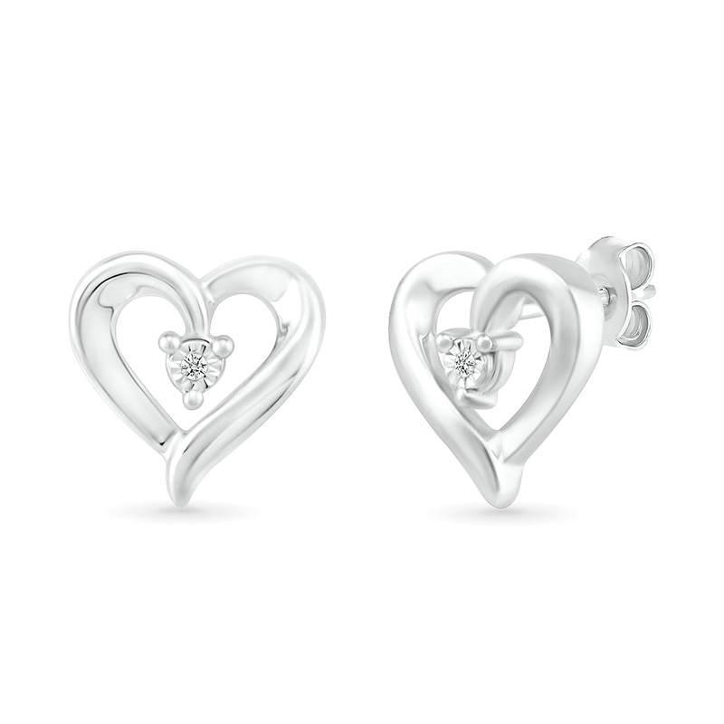 Main Image 1 of Diamond Accent Solitaire Ribbon Heart Stud Earrings in Sterling Silver