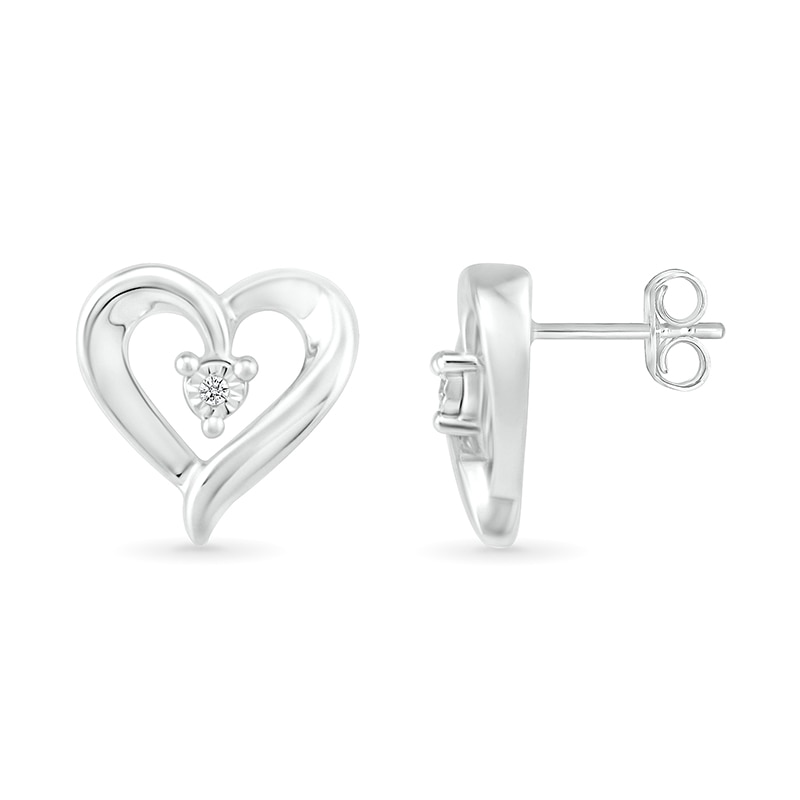 Main Image 2 of Diamond Accent Solitaire Ribbon Heart Stud Earrings in Sterling Silver
