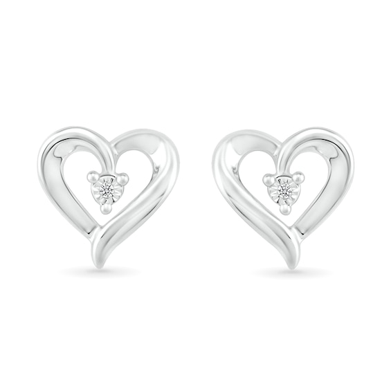 Diamond Accent Solitaire Ribbon Heart Stud Earrings in Sterling Silver