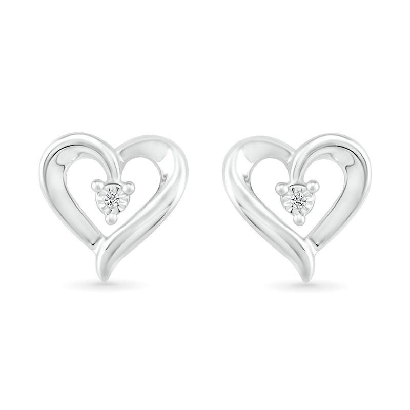 Main Image 3 of Diamond Accent Solitaire Ribbon Heart Stud Earrings in Sterling Silver