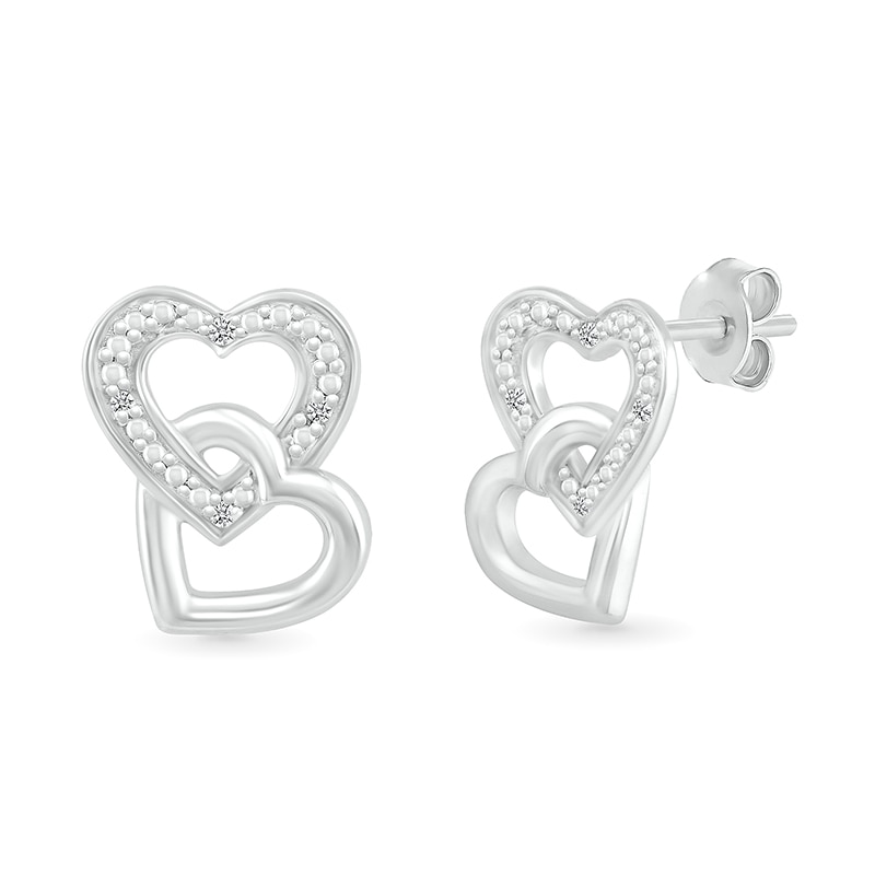 Main Image 1 of Diamond Accent Beaded Interlocking Tilted Heart Stud Earrings in Sterling Silver