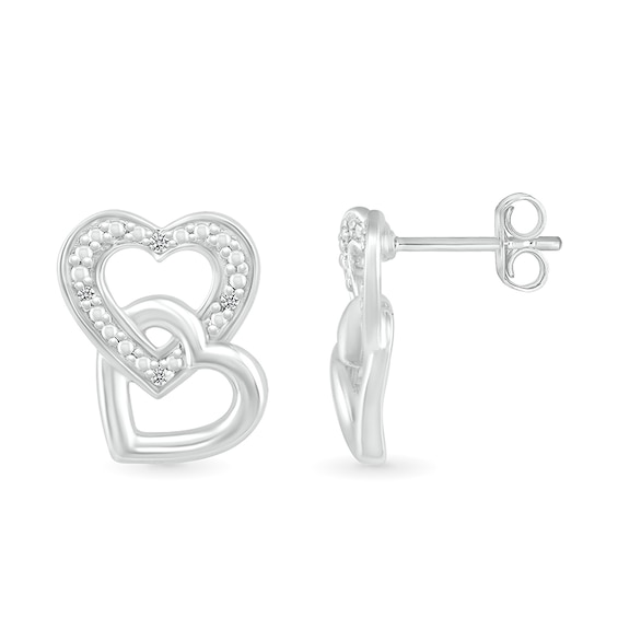 Diamond Accent Beaded Interlocking Tilted Heart Stud Earrings in Sterling Silver