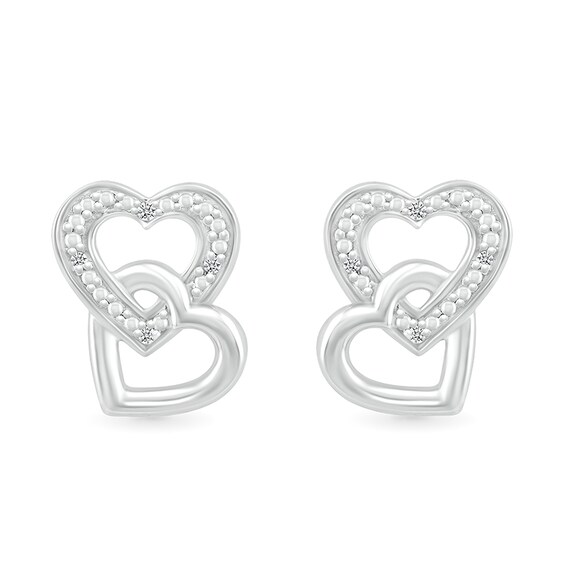 Diamond Accent Beaded Interlocking Tilted Heart Stud Earrings in Sterling Silver