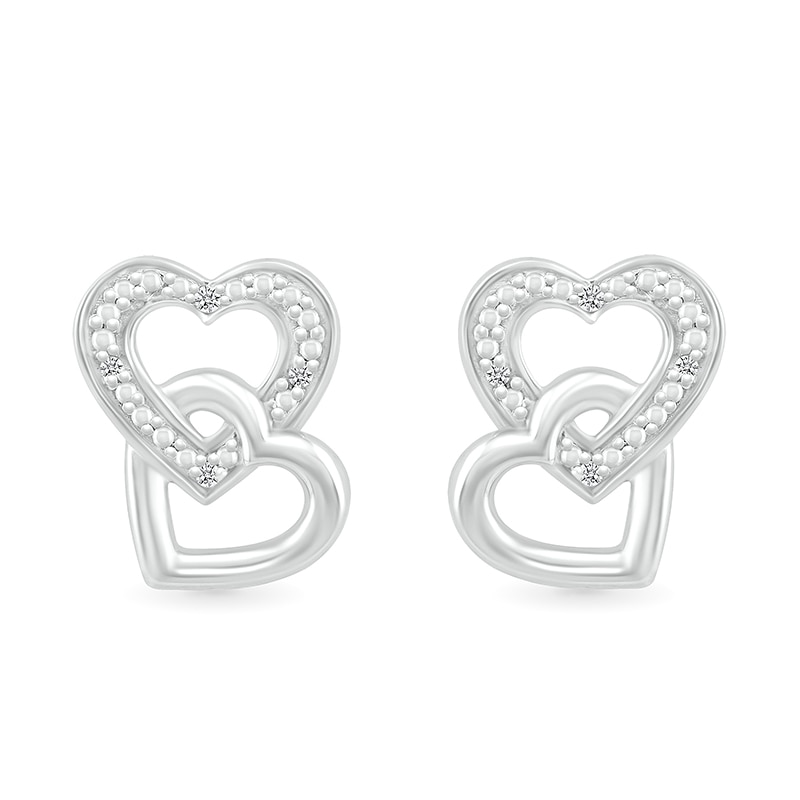 Main Image 3 of Diamond Accent Beaded Interlocking Tilted Heart Stud Earrings in Sterling Silver