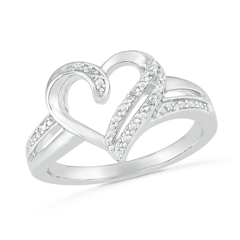 Main Image 1 of Diamond Accent Beaded Double Ribbon Heart Split Shank Ring in Sterling Silver