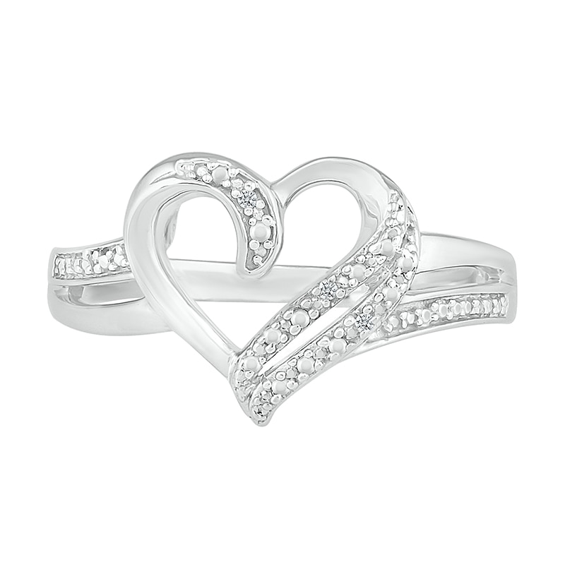 Main Image 2 of Diamond Accent Beaded Double Ribbon Heart Split Shank Ring in Sterling Silver