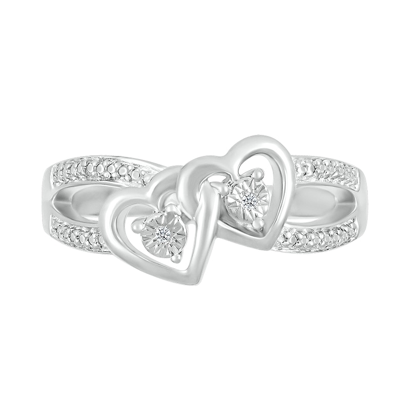 Main Image 2 of Diamond Accent Beaded Tilted Interlocking Hearts Split Shank Ring in Sterling Silver