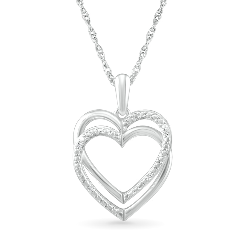 Main Image 1 of Diamond Accent Beaded Layered Interlocking Hearts Drop Pendant in Sterling Silver