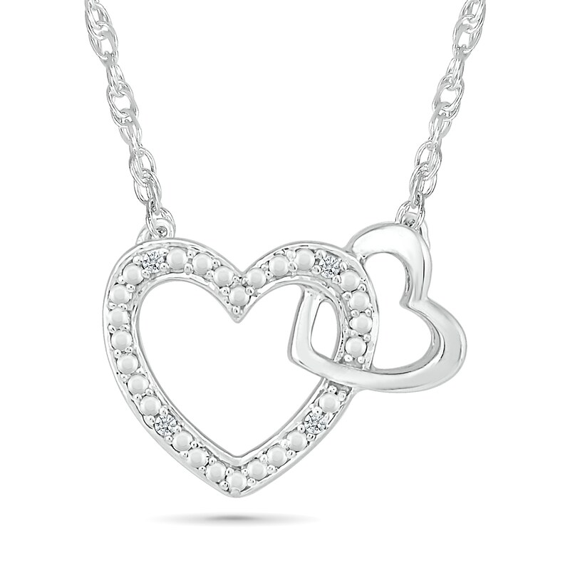 Main Image 1 of Diamond Accent Beaded Large and Small Interlocking Hearts Necklace in Sterling Silver - 17.5"