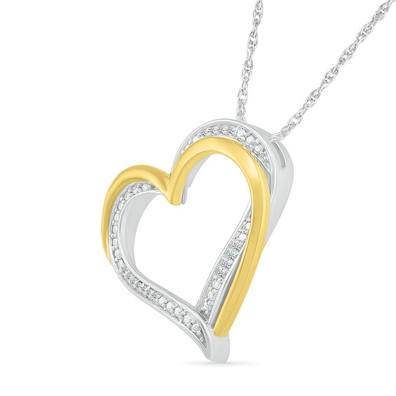 Diamond Accent Beaded Layered Double Tilted Heart Pendant in Sterling Silver and 14K Gold Plate