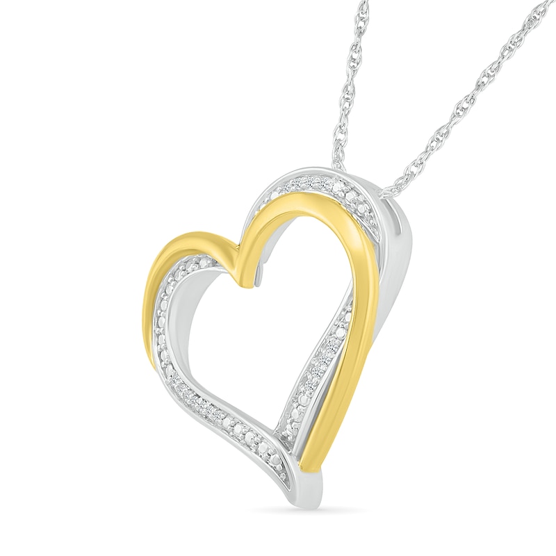 Main Image 2 of Diamond Accent Beaded Layered Double Tilted Heart Pendant in Sterling Silver and 14K Gold Plate
