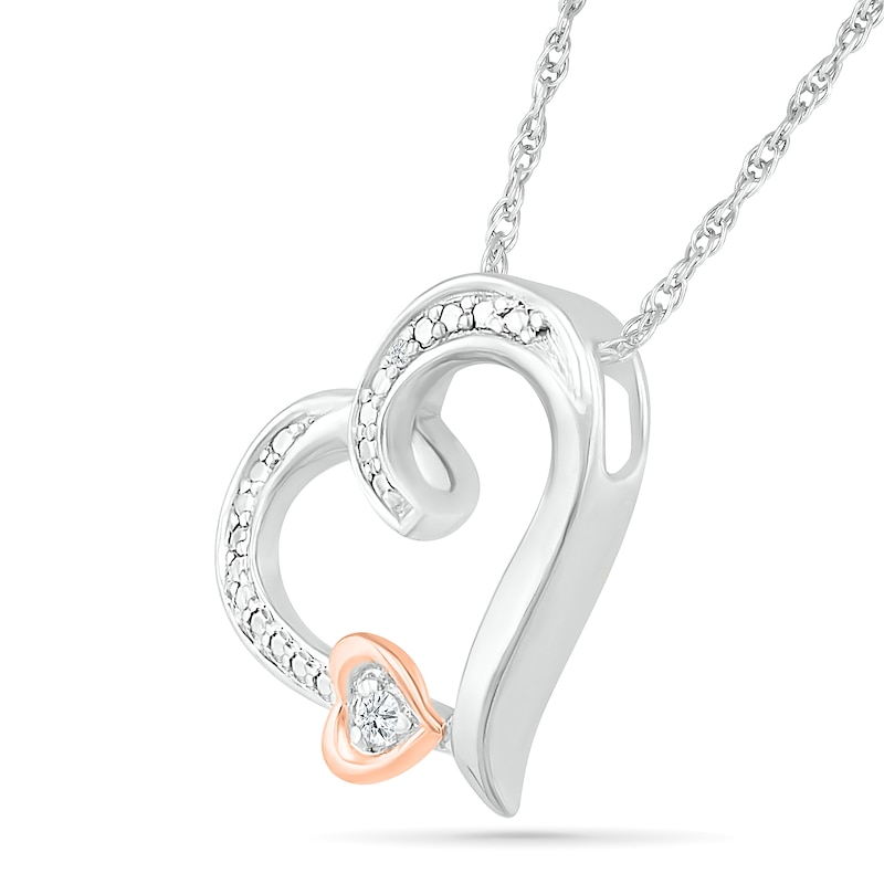 Main Image 2 of Diamond Accent Beaded Offset Double Tilted Loop Heart Pendant in Sterling Silver and 14K Rose Gold Plate