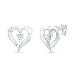 Diamond Accent Solitaire Ribbon Heart Stud Earrings in Sterling Silver