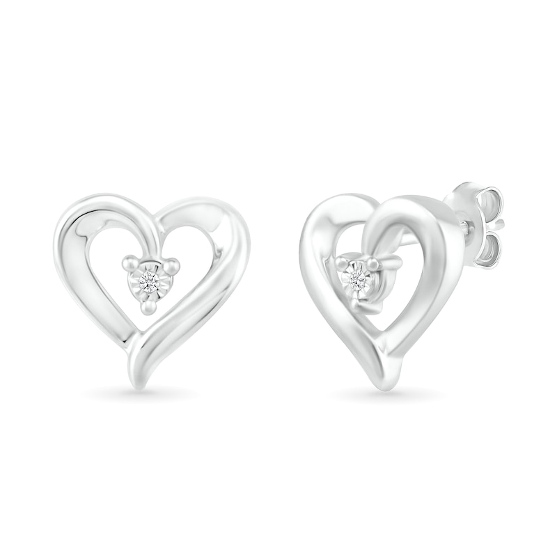 Main Image 1 of Diamond Accent Solitaire Ribbon Heart Stud Earrings in Sterling Silver