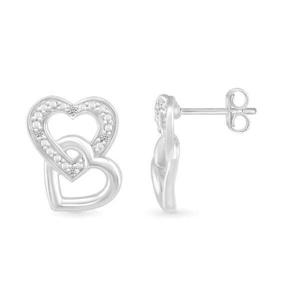 Diamond Accent Beaded Interlocking Tilted Heart Stud Earrings in Sterling Silver