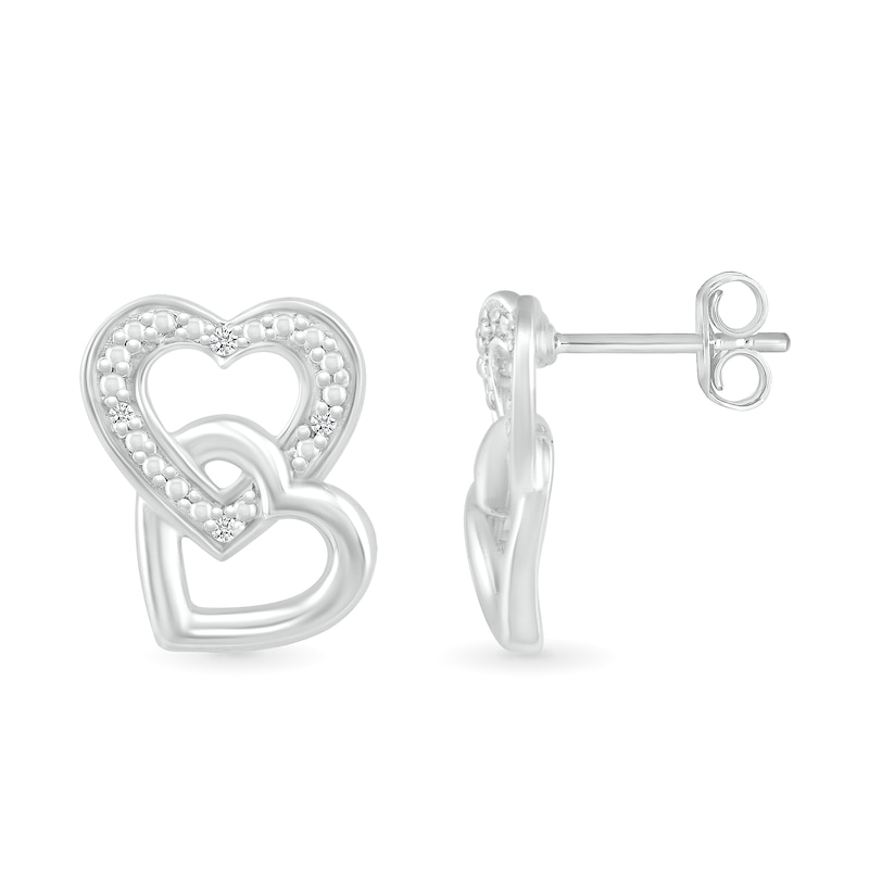 Main Image 2 of Diamond Accent Beaded Interlocking Tilted Heart Stud Earrings in Sterling Silver