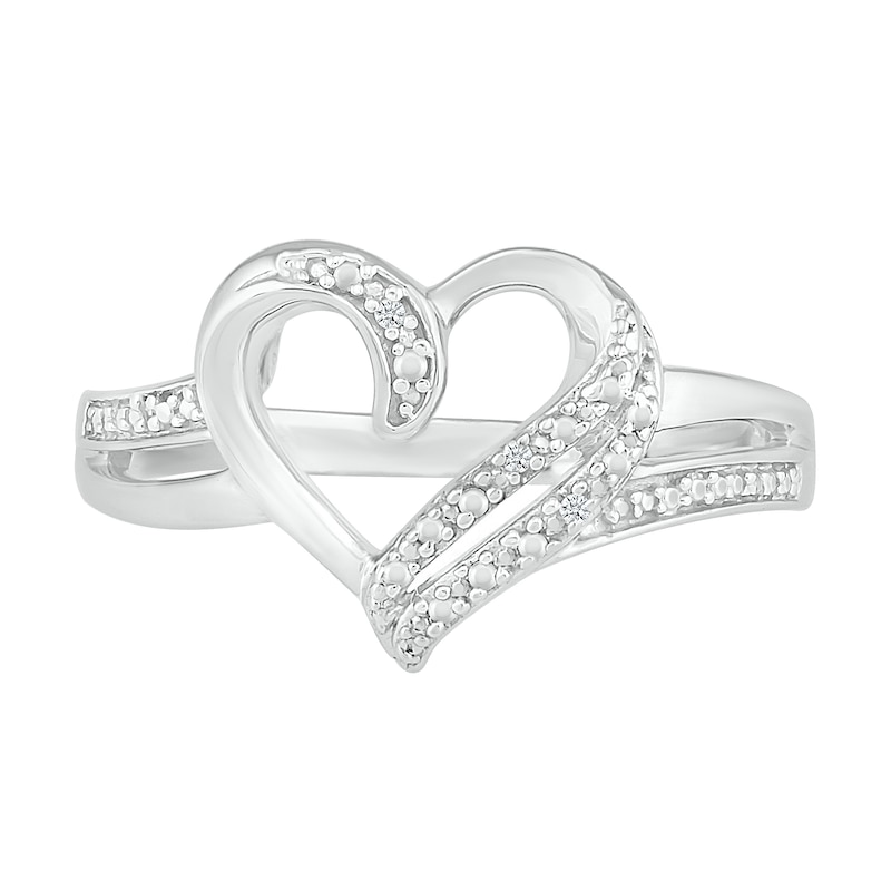 Diamond Accent Beaded Double Ribbon Heart Split Shank Ring in Sterling Silver