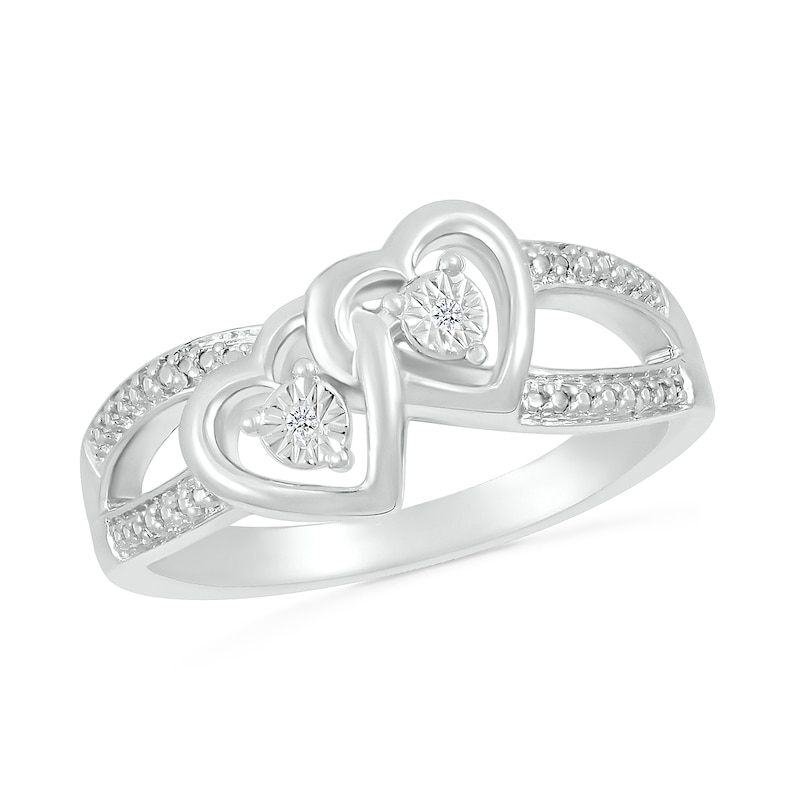Main Image 1 of Diamond Accent Beaded Tilted Interlocking Hearts Split Shank Ring in Sterling Silver