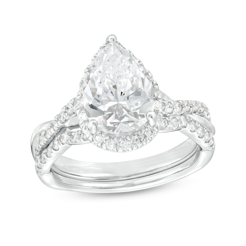 Main Image 1 of 2-1/2 CT. T.W. Certified Pear-Shaped Lab-Grown Diamond Frame Crossover Split Shank Bridal Set in 14K White Gold (I/SI2)