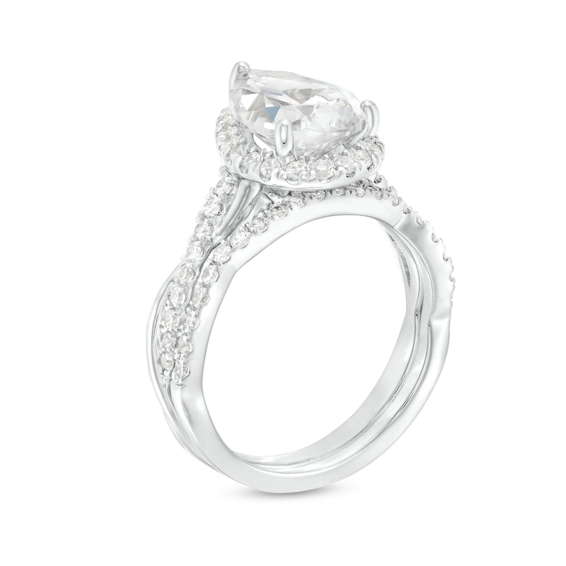 Main Image 3 of 2-1/2 CT. T.W. Certified Pear-Shaped Lab-Grown Diamond Frame Crossover Split Shank Bridal Set in 14K White Gold (I/SI2)