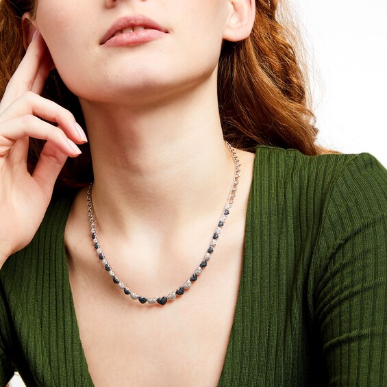 1/10 CT. T.w. Blue and White Diamond Beaded Graduated Hearts Link Necklace in Sterling Silver and Blue Resin