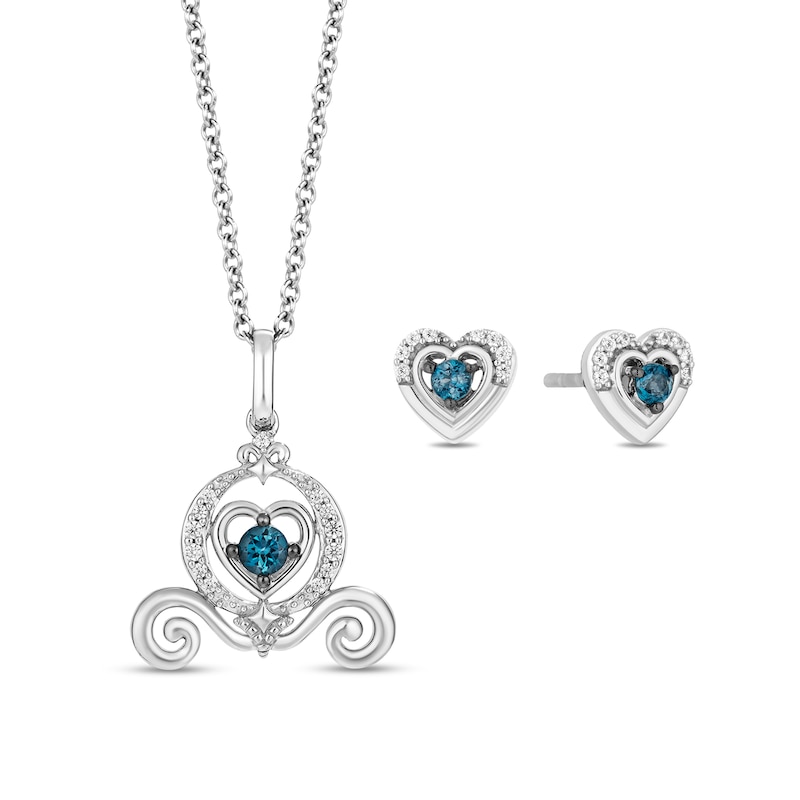 Enchanted Disney Cinderella Blue Topaz and 1/10 CT. T.W. Diamond Pendant and Stud Earrings Set in Sterling Silver - 19"