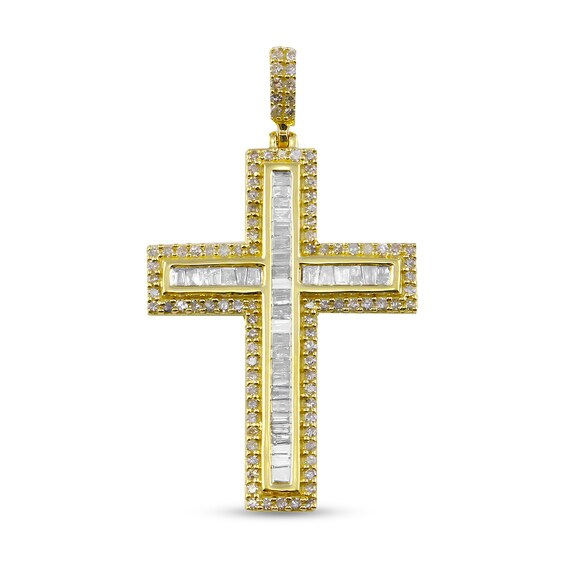 1/2 CT. T.w. Baguette and Round Diamond Frame Channel-Set Cross Necklace Charm in 10K Gold