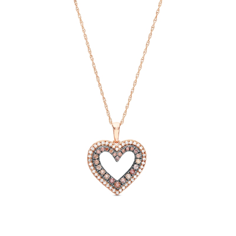 Main Image 1 of 1/4 CT. T.W. Champagne and White Diamond Double Row Heart Outline Drop Pendant in 10K Rose Gold