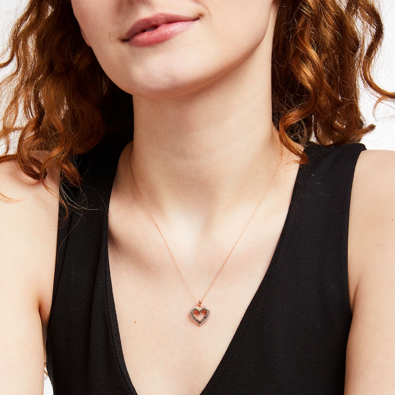 Main Image 2 of 1/4 CT. T.W. Champagne and White Diamond Double Row Heart Outline Drop Pendant in 10K Rose Gold